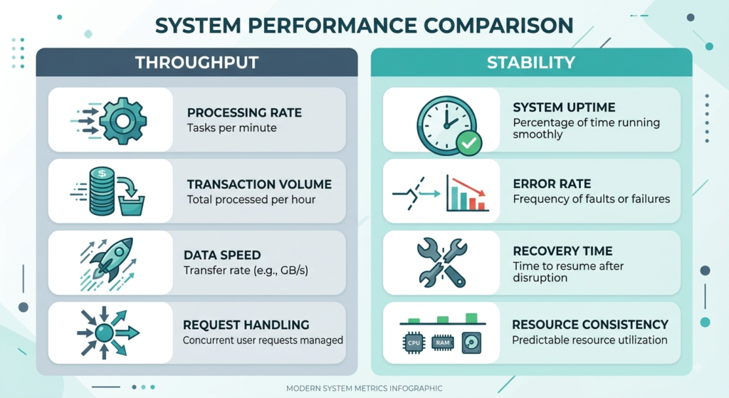Infographic showing the five DORA metrics grouped into throughput and stability categories"