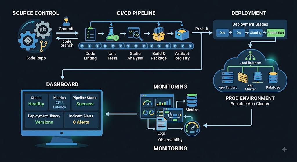Data flow diagram showing how deployment and incident data feed a DORA metrics dashboard"
