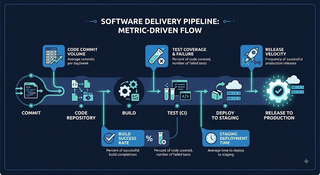 Software delivery pipeline diagram showing where the five DORA metrics are measureddevops